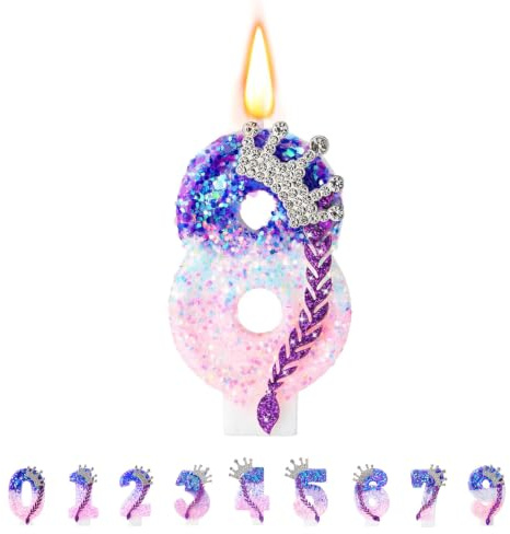 Floruvia Velas de Números de Cumpleaños, Velas Lilas y Rosadas para Pasteles, Topper de Tortas con Números Brillantes y Lentejuelas para Decoraciones Aniversario (Corona Trenza, 8)