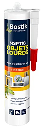 Bostik Mastic Colle de Fixation MSP 118 – Objets Lourds – Intérieur/Extérieur – Tous Supports – Prise Immédiate en 5 Secondes – Formule Hybride Polymère – Solvant – Couleur : Blanc – 290 ml