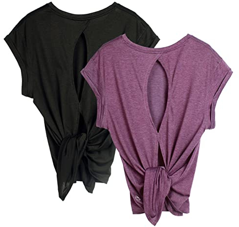icyzone Maglietta Donna Sportiva,T Shirt Donna Maniche Corte vestibilità Larga Leggera e Traspirante Maglia per Palestra Yoga Corsa(Confezione da 2) (S,Nero/UVA)