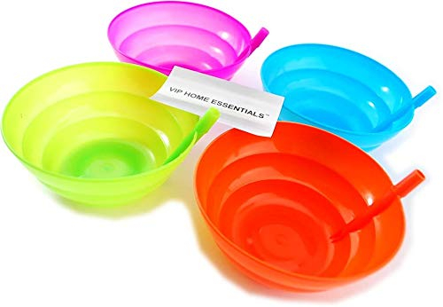 Plastic 4 ciotole cannuccia integrata, verde, blu, arancione e viola.