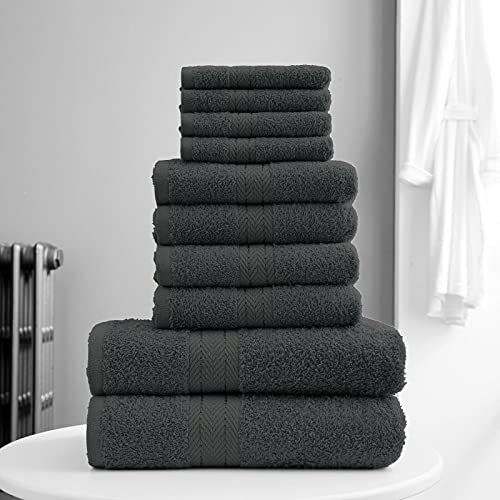 10 Pieces Towel Bale Sets 100% Pure Egyptian Cotton Premium Hotel Quality Towels Bale Set 500 GSM Super Soft Extra Absorbent 4 Face 4 Hand 2 Bath Towels Sets Bathroom Accessories (Charcoal)