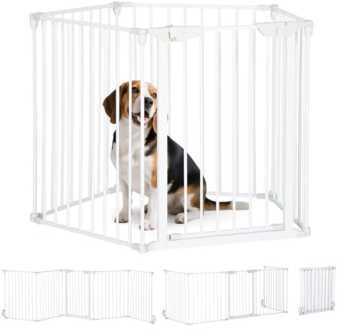 PawHut Pet Safety Gate 5 Panels Playpen Metal Fence w/ Walk Through Door - White