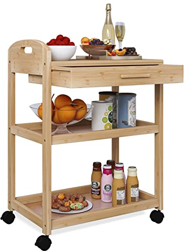 SMIBUY Kücheninsel Wagen auf Rädern mit Lagerung Schublade & Regale, Bambus 3-Tier Rolling Utility Serving Rack mit Massivholz Arbeitsplatte & Lockable Casters (Natural)