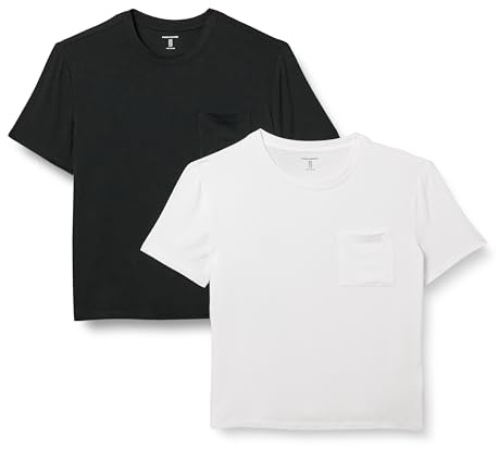 Amazon Essentials Women's Jersey Relaxed-Fit Short-Sleeve Crewneck Pocket T-Shirt, Pack of 2, Black/White, Medium