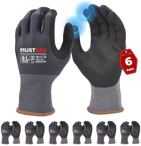 Mustbau 6 Paia Guanti da Lavoro con Touch Screen, Guanti in Nitrile Resistenti All'Abrasione, Ottima Presa, Adatti per Giardinaggio, Meccanica, Edilizia (Grigio,L)