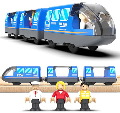 LiRiQi Eisenbahn elektrische lok Holzeisenbahn Zug Kinder, Batteriebetriebener Lokomotivzug, Motorzug kompatibel mit Thomas Brio, Geschenk Spielzeug für Junge Mädchen ab 3 Jahren, Blau