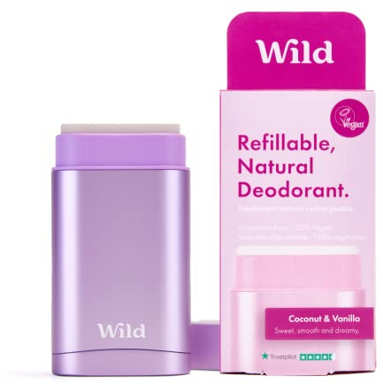Wild - Natürliches nachfüllbares Deo - Aluminiumsalzfrei - Lang anhaltender Schutz - 100% Inhaltsstoffe - Starterset - Lilafarbener Deobehälter - Coconut & Vanilla Nachfüllpackung