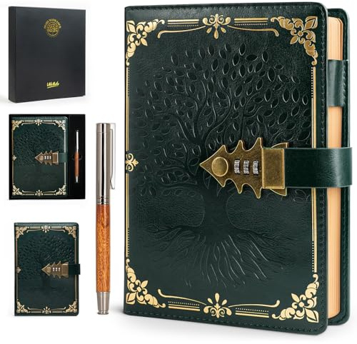 WEMATE Lock Journal with Pen & Gift Box, A5 260 Pages, Refillable, Hardcover Leather Password Notebook for Writing,Vintage Lock Diary for Women, Girls, Men, Students, 8.6 x 5.8 in, Green