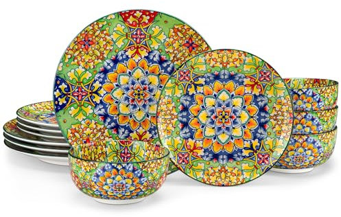 vancasso 12 Pieces Dinnerware Sets, Green Plates and Bowls Set, Porcelain Dishes Set for 4, Microwave and Dishwasher Safe, Scratch Resistant, Bohemian Style Dining Ware Service for 4, Series SIMI