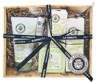 Cesta La Chinata Mini Glow Hidronutritiva | Set Belleza Mujer | Crema de Manos y uñas, Crema Hidratante Facial Mujer, Gel de Ducha Exfoliante Corporal, Jabon natural y Protector Labial