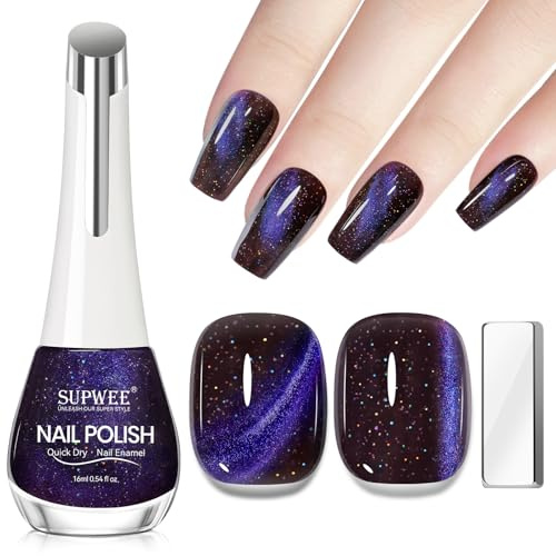 SUPWEE Cat Eye Nagellack Schnelltrocknend, Violett Magnetischer Nagellack mit Magnet Langanhaltend Glitzer Cat Eye Nail Polish Ohne UV Lampe Maniküre DIY Nail Art 16ML