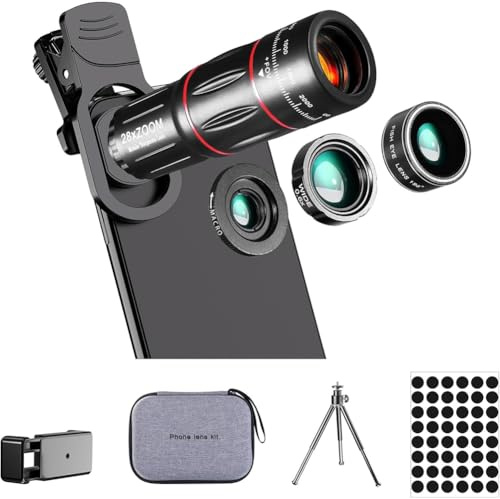 Fegtrtyoa Kit Lenti per Fotocamera del Telefono, Versione Aggiornata, Teleobiettivo 28X, Grandangolo 0,6X, Macro 20X, Fisheye 198° per La Maggior Parte degli Smartphone