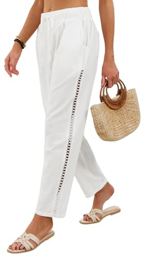 CrystErzoix Pantaloni Lino Donna Estivi Leggeri Pantaloni Freschi 7/8 con Elastico in Vita Pantalone Larghi Casual Comodo, Bianco L