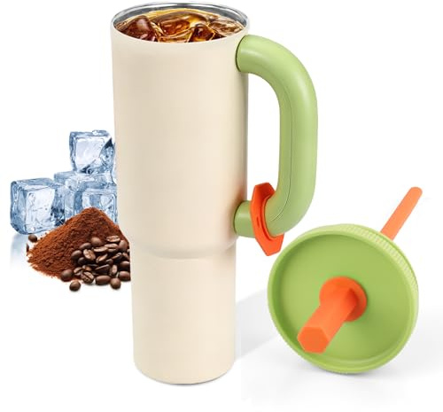ZoneYan 40oz (1.18 Litri) Tumbler Acciaio Inox, Tazza Termica Portatile, con Manico e Cannuccia, Thermos Grande Capacità, Mug Termico da Viaggio, Bicchiere per Auto, Bicchiere Isotermico (A)