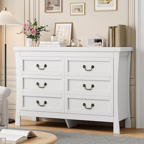 FEONASE Chest of Drawers Bedroom,6 Drawers For Large Storage Space Modern Wooden,MDF Bedroom Cabinet Furniture,120x 40x80cm White