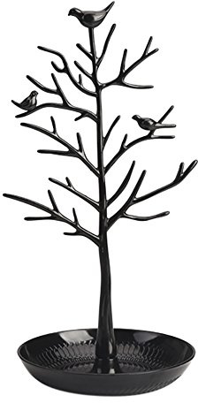 ChezAbbey Jewelry Stand Necklace Tree - Earring Organizer Holder Plastic Birds Tree Display with Tray Antique Bracelet Rings Rack Tower Decoration for Women Girl Black 11.8 Inch