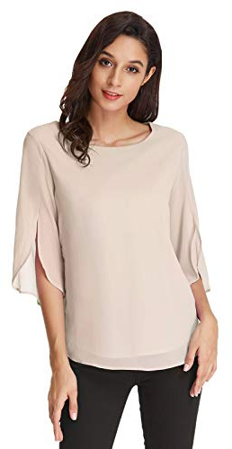 GRACE KARIN Donna Camicia Blusa Chiffon Manica 3/4 Casual Ufficio Giroscollo Camicetta Elegante Top Beiga L CLAF15-2