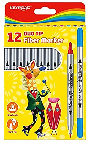 Keyroad Duo Felt Tip Pens, Pack of 12, Fibre-Tip Pens, Double Fibre Pens (2 mm/4 mm) with Hole for Hanging, Adults and Children, Perfect for School Work, Mixed Colours