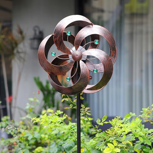 HDNICEZM Éolienne solaire améliorée pivotante à 360 degrés avec boule en verre à LED multicolore avec rotation cinétique verticale en métal pour extérieur, cour, pelouse et jardin.