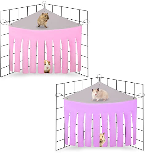 AKlamater 2 Packs Guinea Pig Hideout Corner Hideaway Hammock Corner, Fabric Forest Curtain Hideouts for Small Animals, Hammock Hanging Bed Corner for Hamster Guinea Pig Squirrel Rabbit(Pink+Purple)