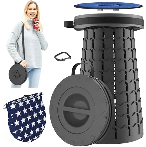 ALEVMOOM Tragbarer Teleskophocker, zusammenklappbarer Hocker mit Kissen, einziehbarer Klapphocker, Leichter Sitz mit 200 kg Tragkraft, für Camping, Wandern, Angeln, Warteschlange