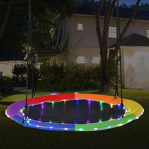 COSTWAY Columpio Redondo de Jardín Exterior, Diámetro 100cm, para Niños 3+ Años, con Luces LED Multicolores, 8 Modos, 2 Cuerdas Ajustables, Nido Carga 300kg (Multicolor)