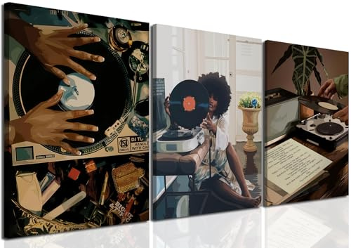 YFvrPt Black Girl Wall Art Decor Modern Black Woman Painting Prints, Set of 3 African American Music Record Player Poster Canvas Artwork for Bedroom Living Room 12x16 inch Framed
