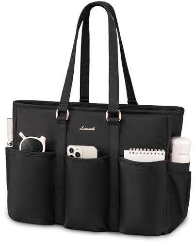 LOVEVOOK Beach Tote Bags for Women 15.6 Inch Laptop, Ladies Work Handbags with 17 Exterior & Interior Pockets, Large Womens Shoulder Bag for Office Business Uni Teacher Travel, Black
