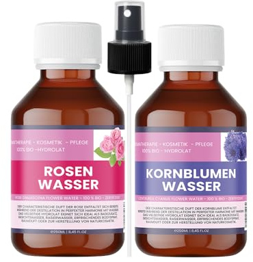 Ekologisk rosenhydrolat & ekologisk blåklint blomhydrolat – 2 × 250 ml – inkl. 1 × sprejflaska – 100 % naturliga organiska hydrolater – för hud, hår och aromvård – nakobe