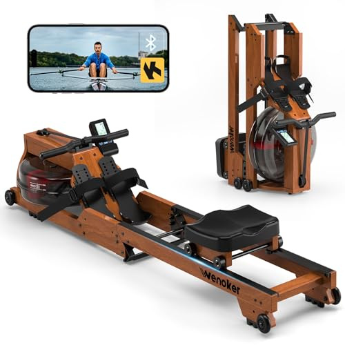 Foldable Water Rowing Machine Wooden with LCD Monitor, Bluetooth Compatible, Easy Assembly for Home Gym Workouts Oak