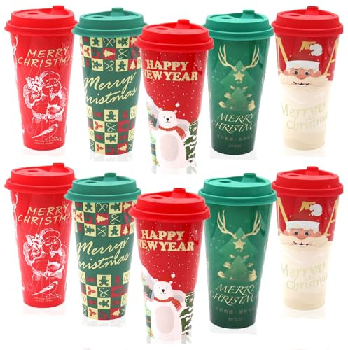 dididudi 10Pcs Christmas Drink Cup 17oz Reusable Christmas Coffee Cup Plastic Tumblers with Lid Santa Claus Snowman for Xmas Party,New Year,Holiday,Party Kids Gifts (10)