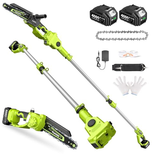Supstable Akku Hochentaster 8 Zoll, Teleskop Kettensäge mit 2x4000mAh Akku & Ladegerät, 800W Bürstenlose Astsäge bis bis 4,8M Reichweite, 180°Schwenkbarer Motorkopf für Gartenbäume und Holzschneiden