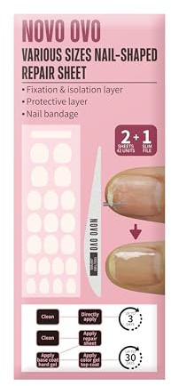 NOVO OVO Pre-cut Nail Shaped Repair Sheets Various Sizes with Slim File, Fixation & isolation layer, Bandage for Broken Nail-Surface, Recovery Protective layer for Acrylic, Easy to use 42 units