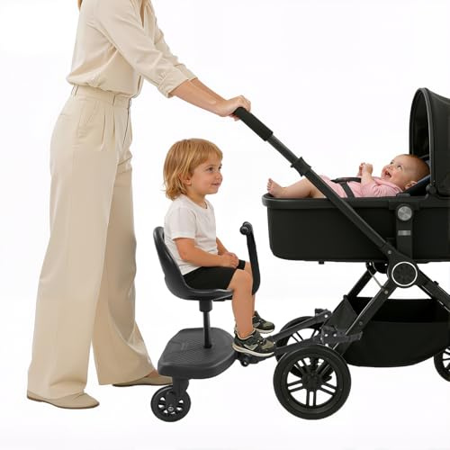 ROMYIX Buggy-bräda, buggyboard med avtagbar sits och rem, universell stegbräda för alla barnvagnar, 2–7 år gamla barn, 50 kg bärkraft, 2-i-1 stå- och sittbräda med fjädring och justerbart handtag