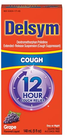 Delsym 12 Hour Cough Medicine for Adults, Powerful Relief for 12 Hours, Cough Suppressant Liquid with Extended-Release Dextromethorphan, Grape Flavor Liquid Cough Syrup, 5 Fl Oz (Pack of 1)