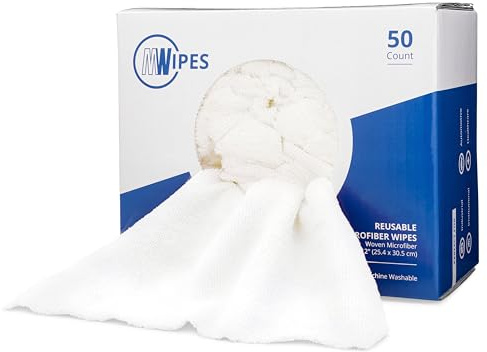 Microfiber Rags in A Box (50 Count) - Mwipes - 10 x 12 Reusable Wipes for Cleaning - Edgeless Terry Towels, Shop Rags, Wash, Dust, Disposable, House, Small Cleaning Cloths (White)