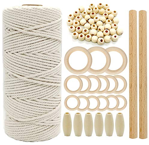 suo long Makramee Set Anfänger mit Anleitung Makramee Garn Set 3mm Makramee Garn Baumwollgarn mit Holzperlen Holzringe Holzstäbe Macrame Zubehör Makramee Starter Set für DIY Boho Deko Handwerk