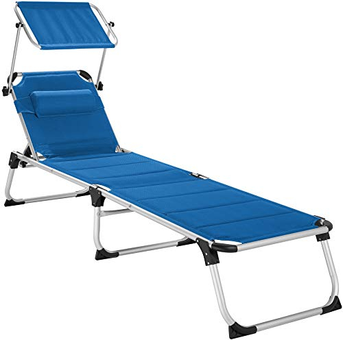 tectake 800813 Alu Sonnenliege mit Dach und Kopfkissen, gepolsterte Liegefläche, klappbar, Gartenliege mit 6-Fach Verstellbarer Rückenlehne und Zwei Tragegriffen (Blau | Nr. 403647)