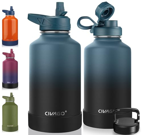 CIVAGO 64 oz Insulated Water Bottle With Straw, Half Gallon Stainless Steel Sports Water Flask Jug with 3 Lids (Straw, Spout and Handle Lid), Large Metal Thermo Cup Mug, Indigo Black