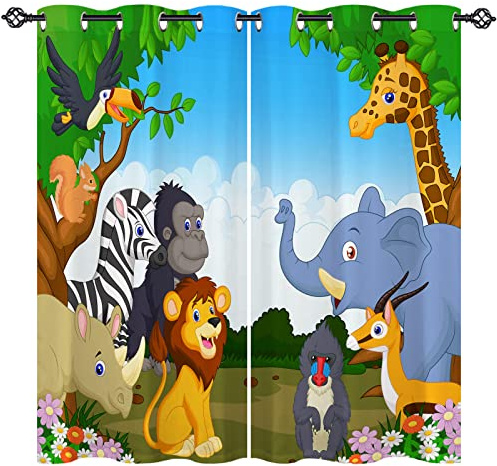 ANHOPE Animal Curtains Eyelet Ring Top Thermal Insulated 80% Blackout Curtains with Jungle Safari Zoo Lion Giraffe Print Pattern Window Drapes for Kids Boys Girls Bedroom 46 x 54 Inch Drop 2 Panels