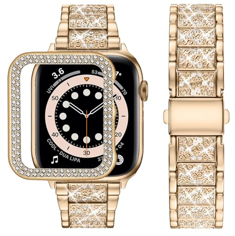 wutwuk Kompatibel mit Apple Watch Armband 45mm Damen, Strass Metall Armbänder mit Glitzer Harter PC Gehäuse Bling Diamant Ersatzarmband für iWatch Series 9 8 7 45mm, Roségold