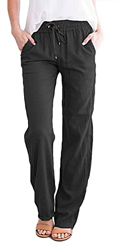 CheChury Mujer Pantalones Causal de Lino de Algodón Cintura Alta Elasticos Pantalones Mujer Algodón Largas Pantalón Deporte Elástica con Bolsillos Pantalones de Cómodos Pantalones Casuales