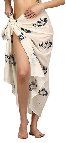Arayna Women's Long Sarong Beach Wrap Cover Up Pure Cotton Printed Swimsuit Bikini Pareo Swimwear Dress - Free Size Off-White