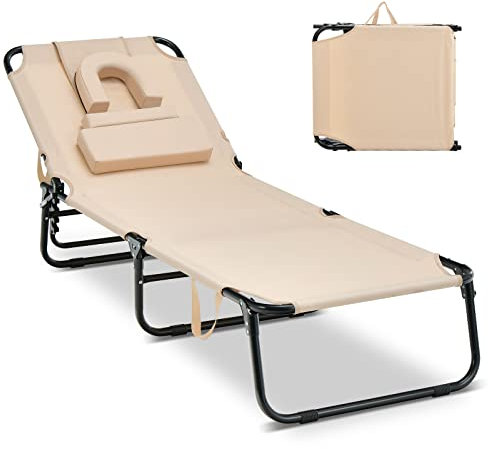 COSTWAY Chaise Longue Pliante, Bain de Soleil Réglable à 5 Positions, Charge 160kg, Trou pour Visage, 3 Coussins Amovible, Tissu Oxford, Sangle, Transat Jardin Exterieur pour Plage Piscine(Beige)