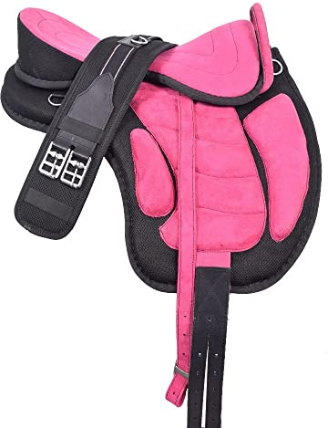 Synthetic Treeless Freemax English Horse Saddle with Matching Girth and Aluminum Stirrups Pair Set (Pink, 16 Inches Seat)