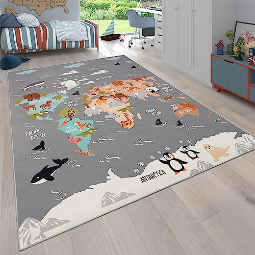 Paco Home Alfombra De Habitacion Bebe Infantil Niña Niño De Juego Motivo Animal Antideslizante Moderna Gris Azul Marron, tamaño:100x200 cm