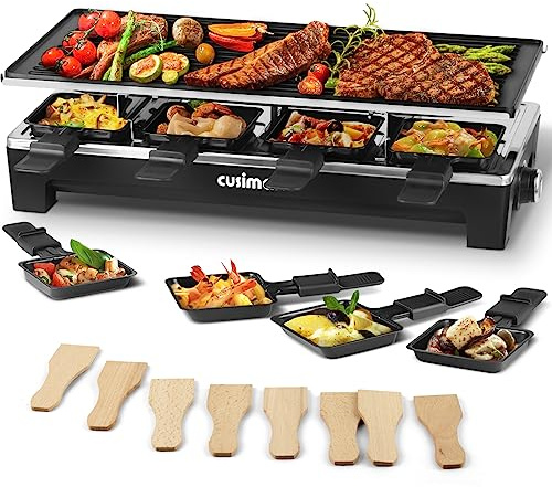Raclette Table Grill, CUSIMAX Electric Grill, Indoor Grill Korean BBQ Grill With 2 in 1 Reversible Non-stick Plate, Crepe Maker with Adjustable temperature control, 8 Raclette Pans & Wooden Spatulas