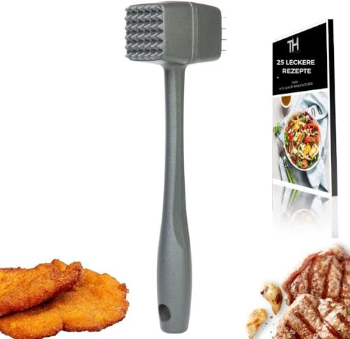 Thiru Premium Fleischklopfer - Fleischhammer für Schnitzel, Kotelett, Steak - Hammer-Kopf mit Zwei Schlagflächen - schonend für Fleisch - inkl. E-Book mit 25 Rezepten - Made in Germany