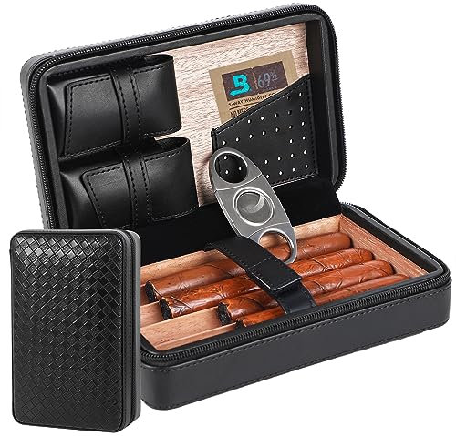 Humidor für 4 Zigarren, Zedernholz Interieur, gewebt Korn Leder. Komplett mit Edelstahl Zigarrenschneider, würde der Humidor ein großes Geschenk für Geburtstage, Trauzeugen oder Vatertag machen