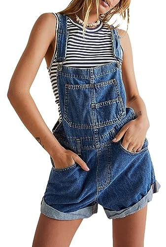 Felcia Salopette en jean pour femme Bretelles réglables Poche Barboteuse Short décontracté Poignets roulés Combinaison courte